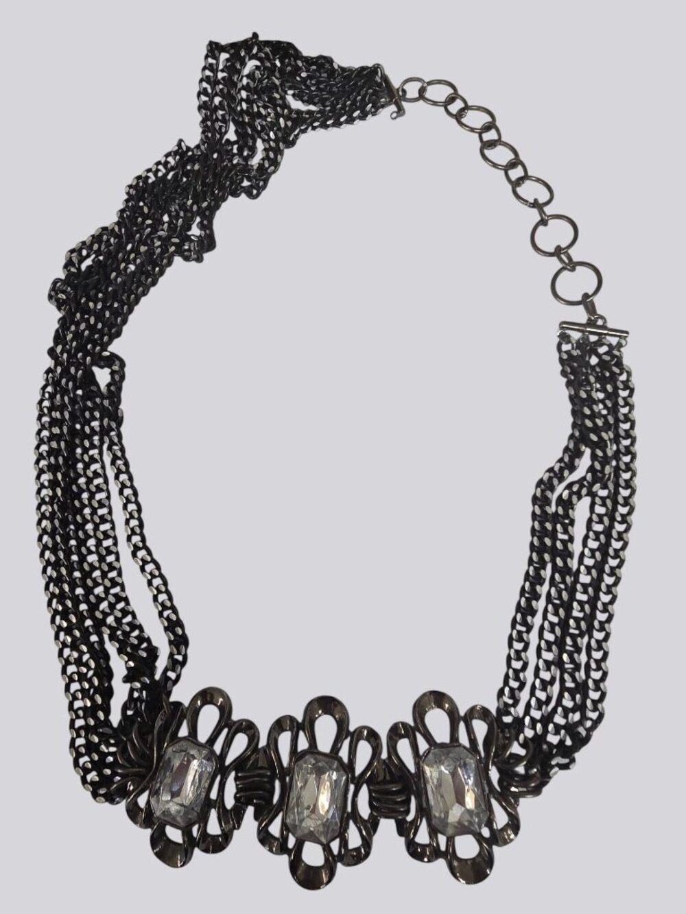 Vintage-Style Black Multi-Chain Necklace With Clear Rhinestone Accents - Picture 14 of 16